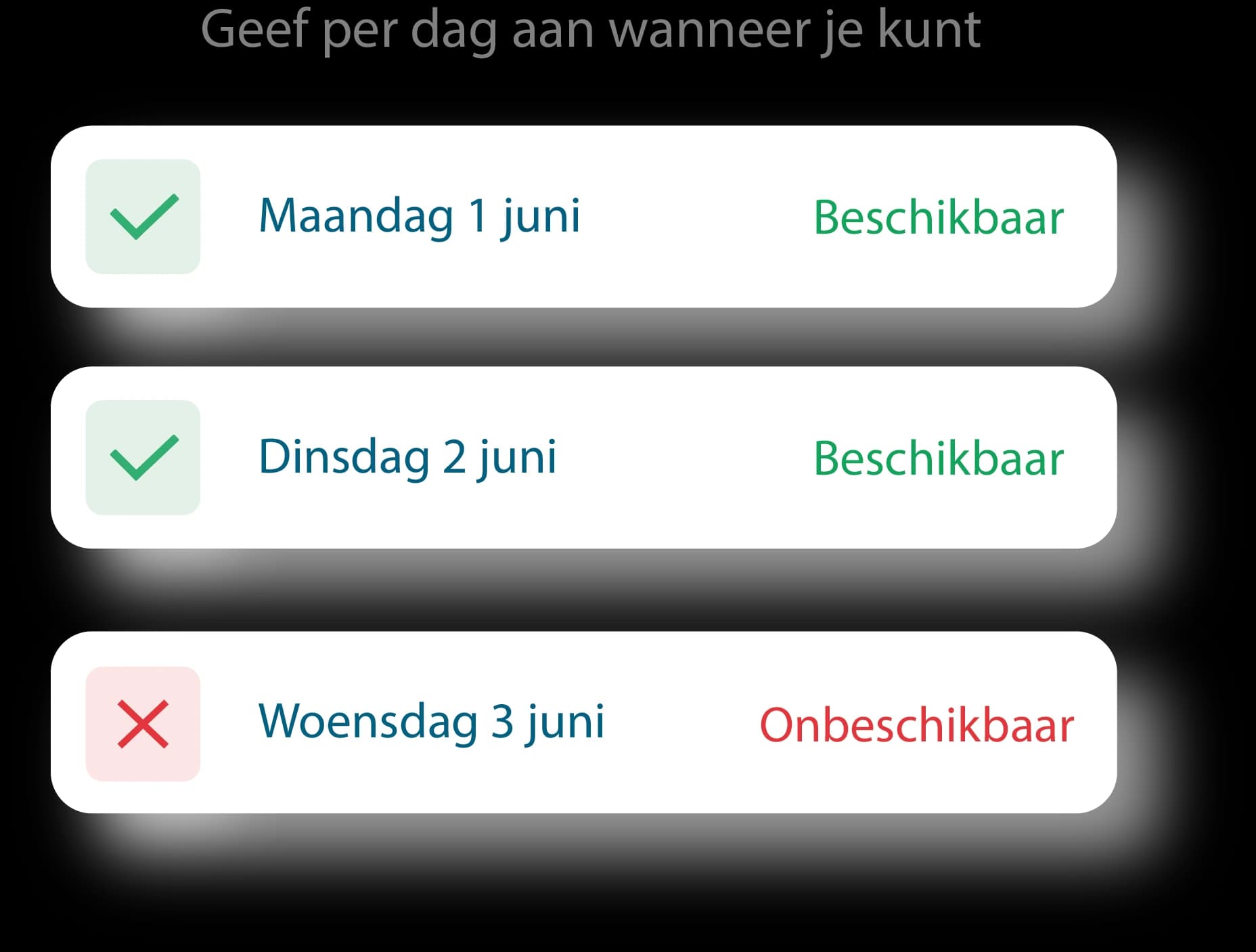 Employee indicates availability per day in the Tiemdo app: available Monday and Tuesday, unavailable Wednesday