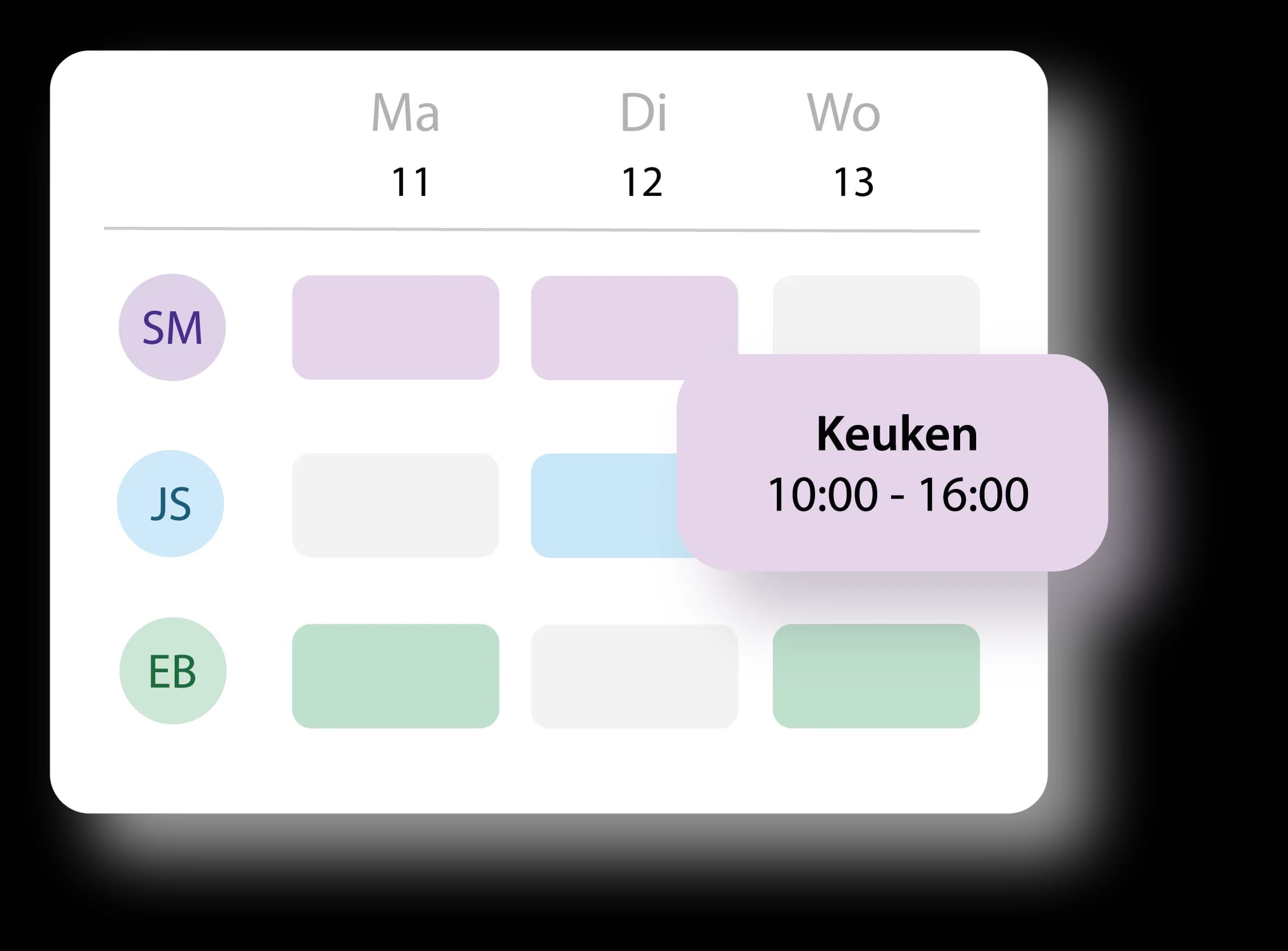 Schedule overview in Tiemdo showing available days to schedule per employee