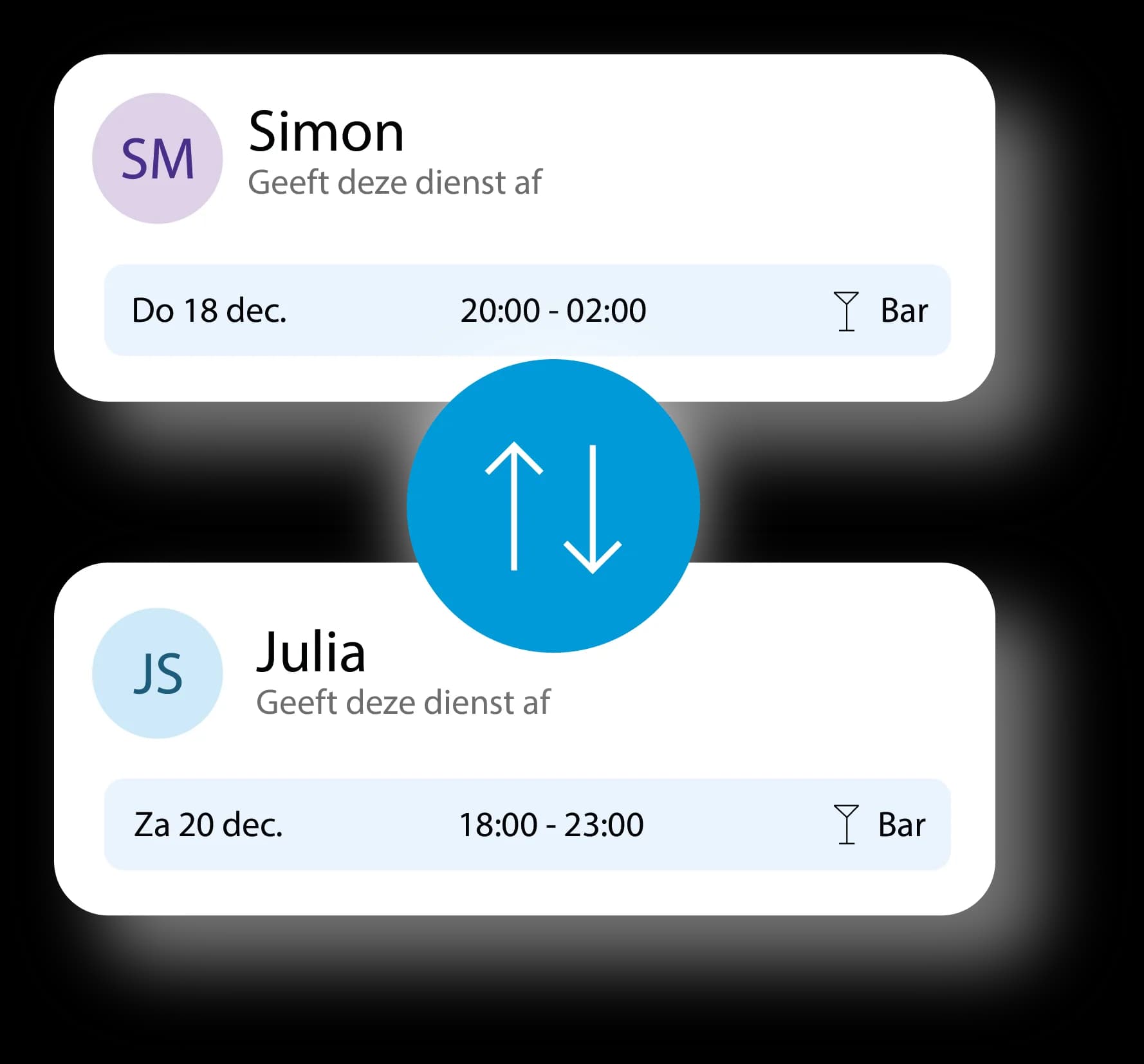Shift swap between two staff members requested in Tiemdo