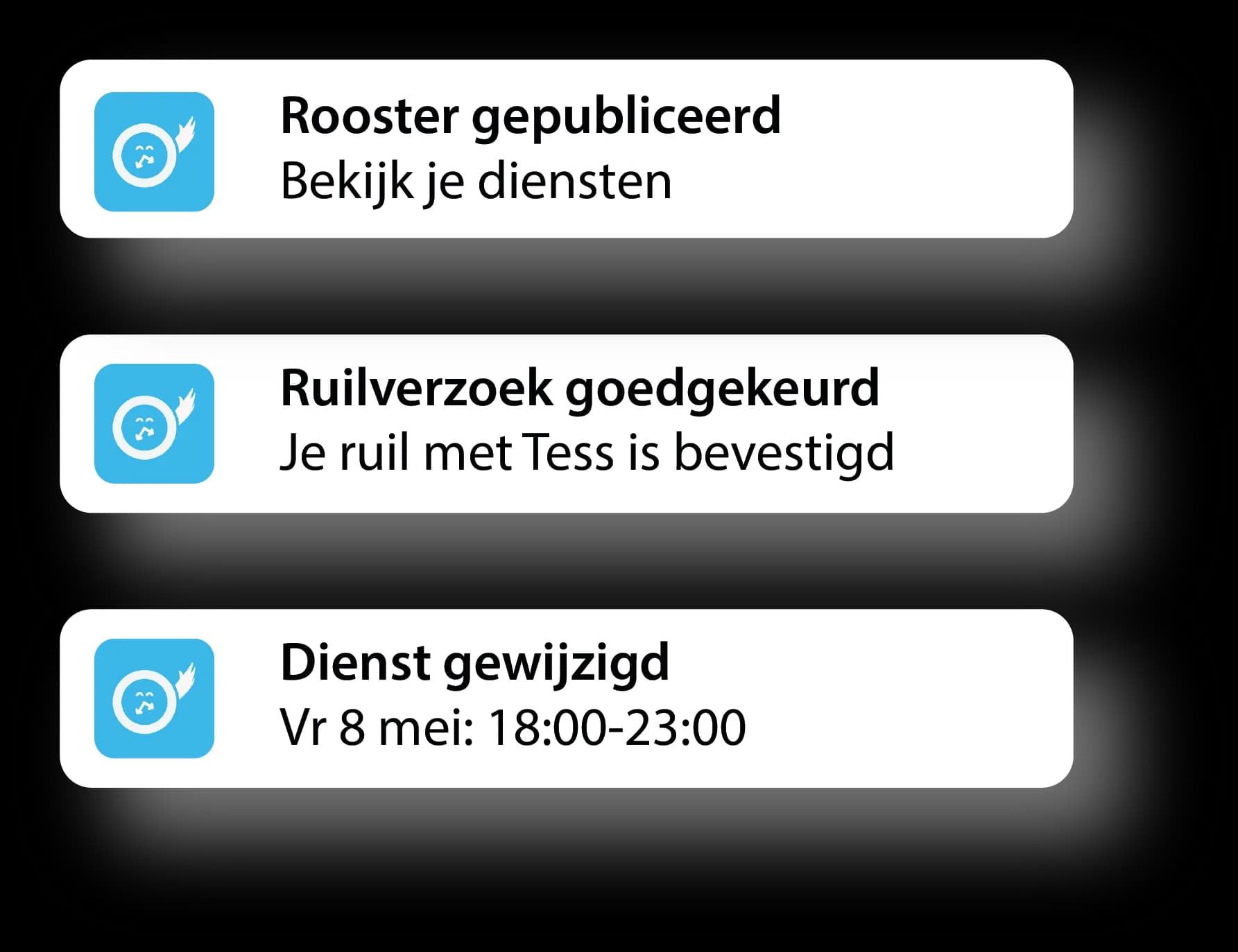Notifications in Tiemdo about a published schedule, approved swap request and changed shift