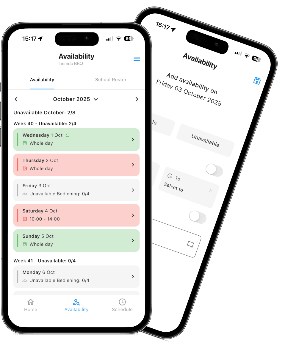 Tiemdo mobile app showing daily availability overview and entry per day