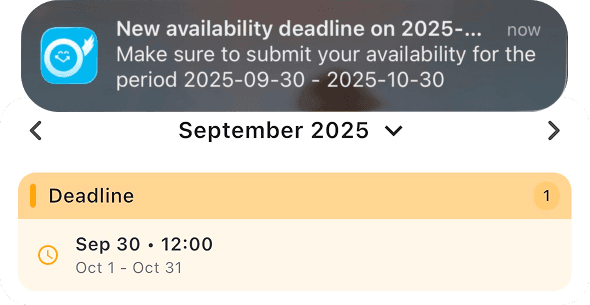 Availability deadline in Tiemdo app with notification for staff to fill in availability
