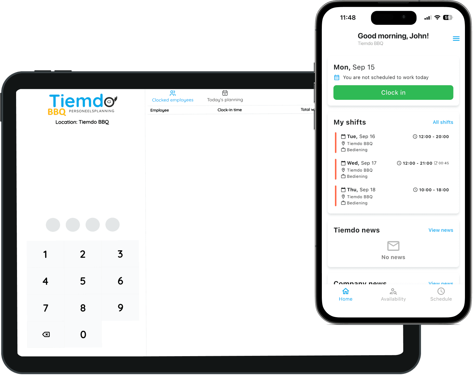 Tiemdo clocking system with clock screen on tablet and mobile app for clocking and time registration