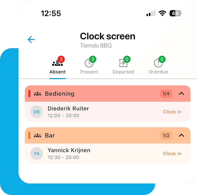 Tiemdo management overview with real-time status of staff: present, absent, on break or clocked in late