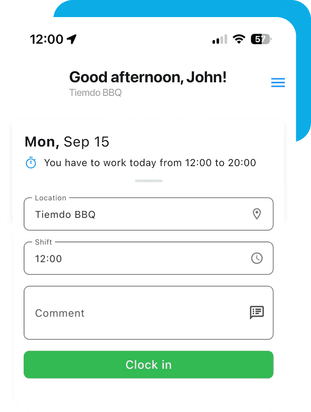 Clock-in screen in Tiemdo mobile app with popup for clocking in and out on location
