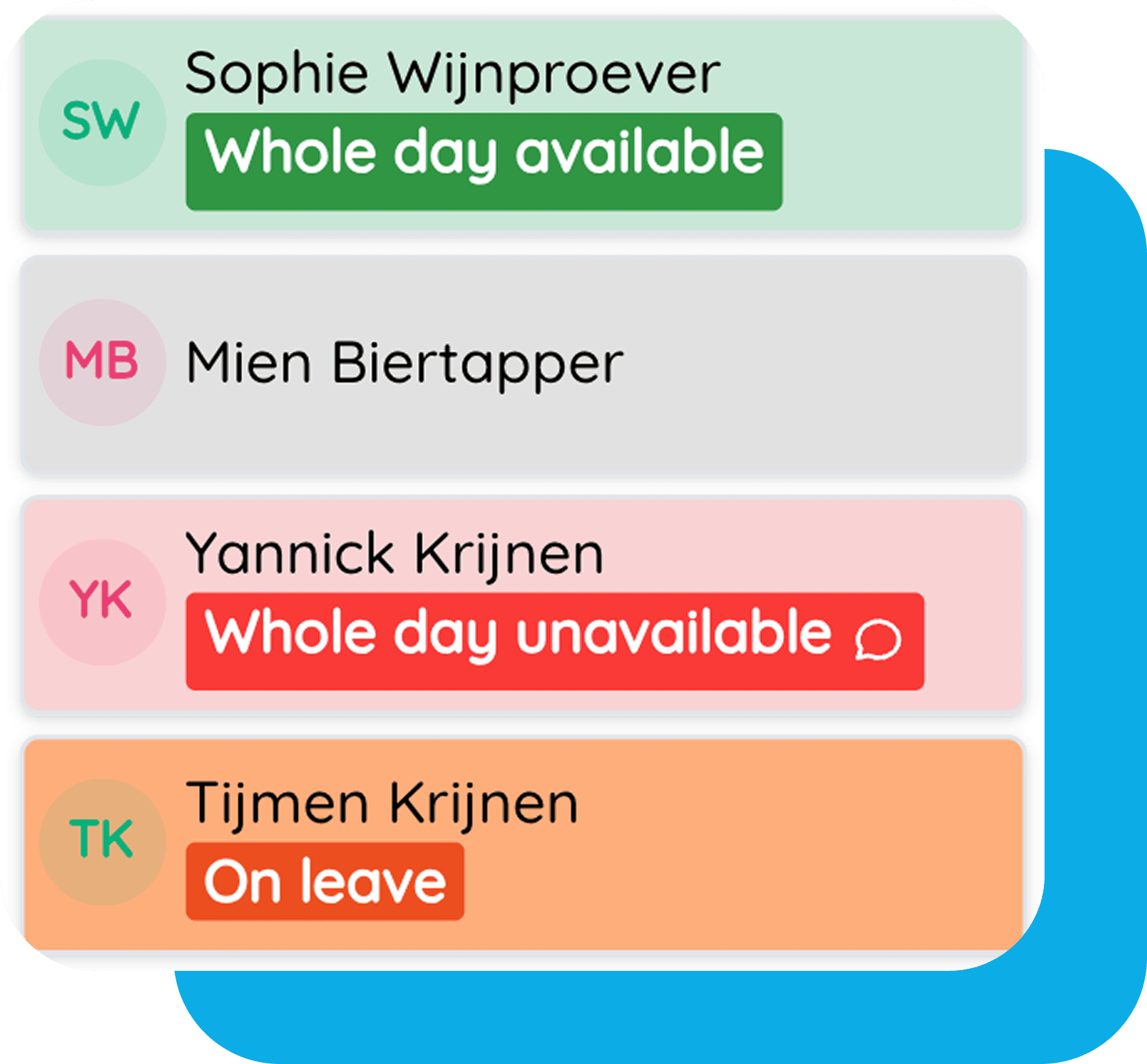 Tiemdo planner view showing staff availability and leave requests