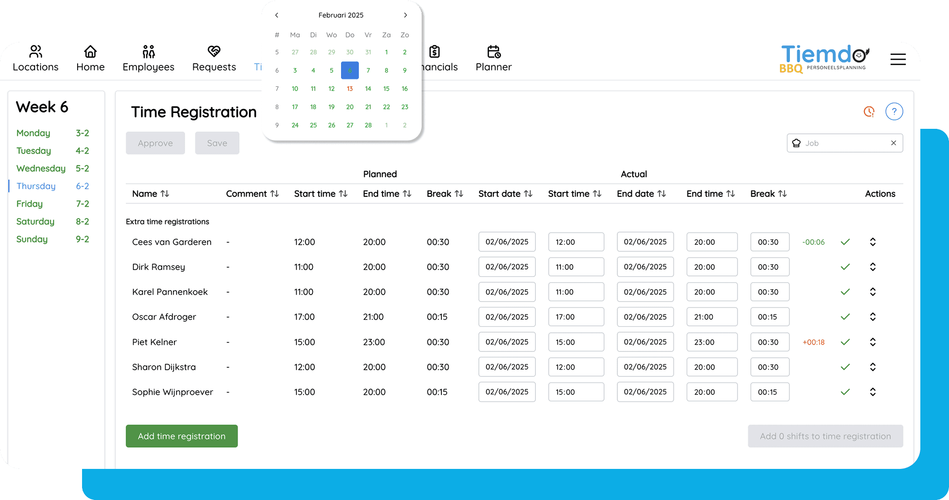 Tiemdo time registration dashboard on laptop with overview of worked hours and approval options